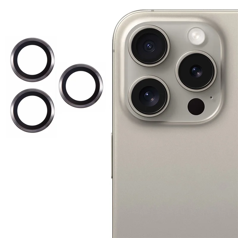 For iPhone 16 Pro Max / 16 Pro Camera Lens Protector Metal Ring Tempered Glass Film - Titanium Grey