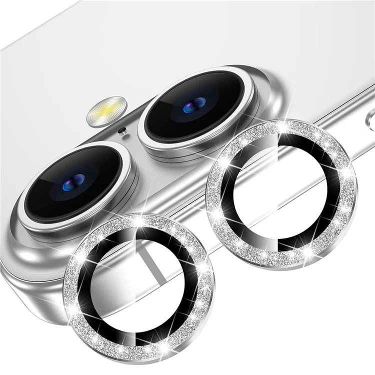For iPhone 16  /  16 Plus Glitter Camera Lens Film Metal Ring+Tempered Glass Phone Lens Protector - Silver