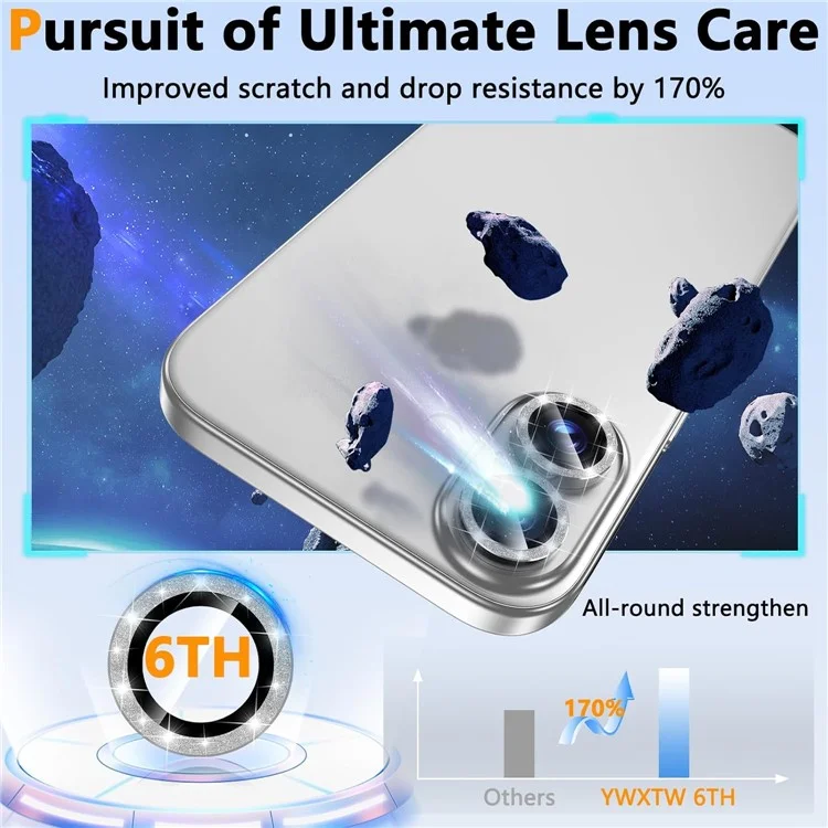 For iPhone 16  /  16 Plus Glitter Camera Lens Film Metal Ring+Tempered Glass Phone Lens Protector - Silver