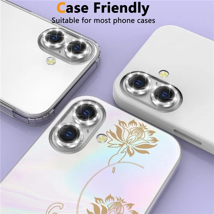 For iPhone 16  /  16 Plus Glitter Camera Lens Film Metal Ring+Tempered Glass Phone Lens Protector - Silver