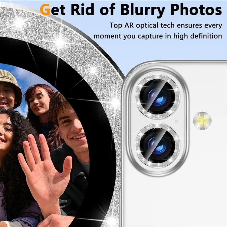For iPhone 16  /  16 Plus Glitter Camera Lens Film Metal Ring+Tempered Glass Phone Lens Protector - Silver