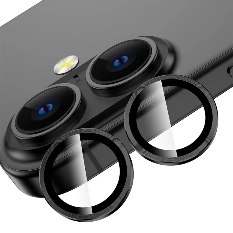 1Set For iPhone 16  /  16 Plus Camera Lens Film Tempered Glass CD Vein Metal Ring Rear Lens Protector - Black