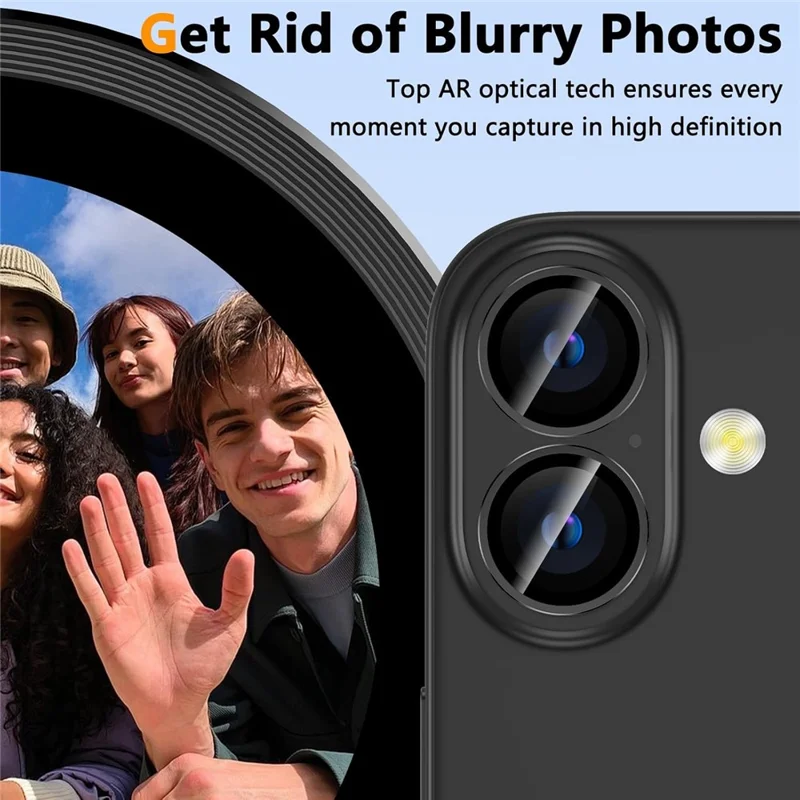 1Set For iPhone 16  /  16 Plus Camera Lens Film Tempered Glass CD Vein Metal Ring Rear Lens Protector - Black