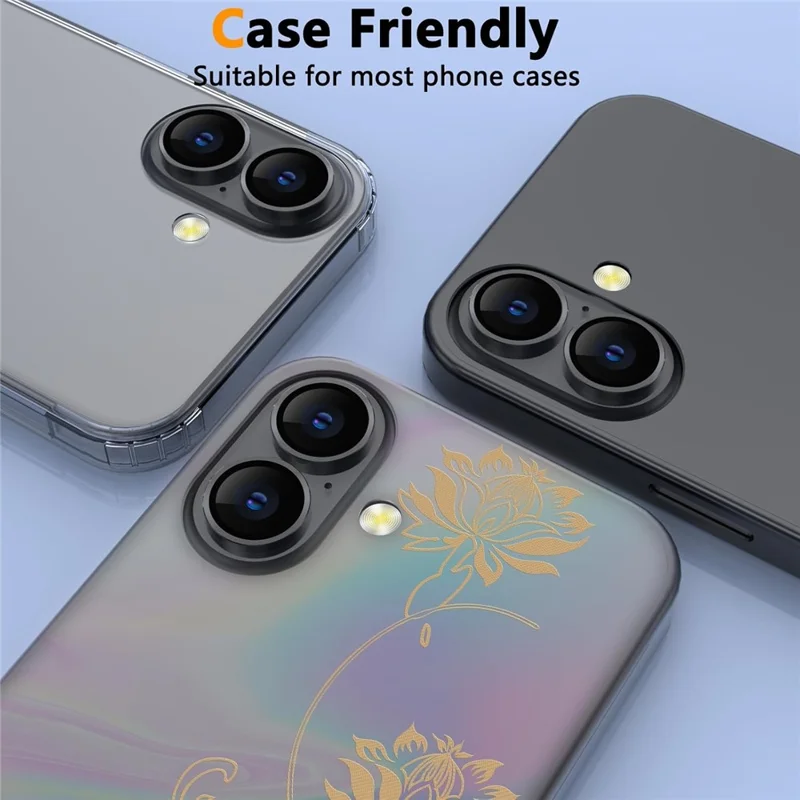 1Set For iPhone 16  /  16 Plus Camera Lens Film Tempered Glass CD Vein Metal Ring Rear Lens Protector - Black