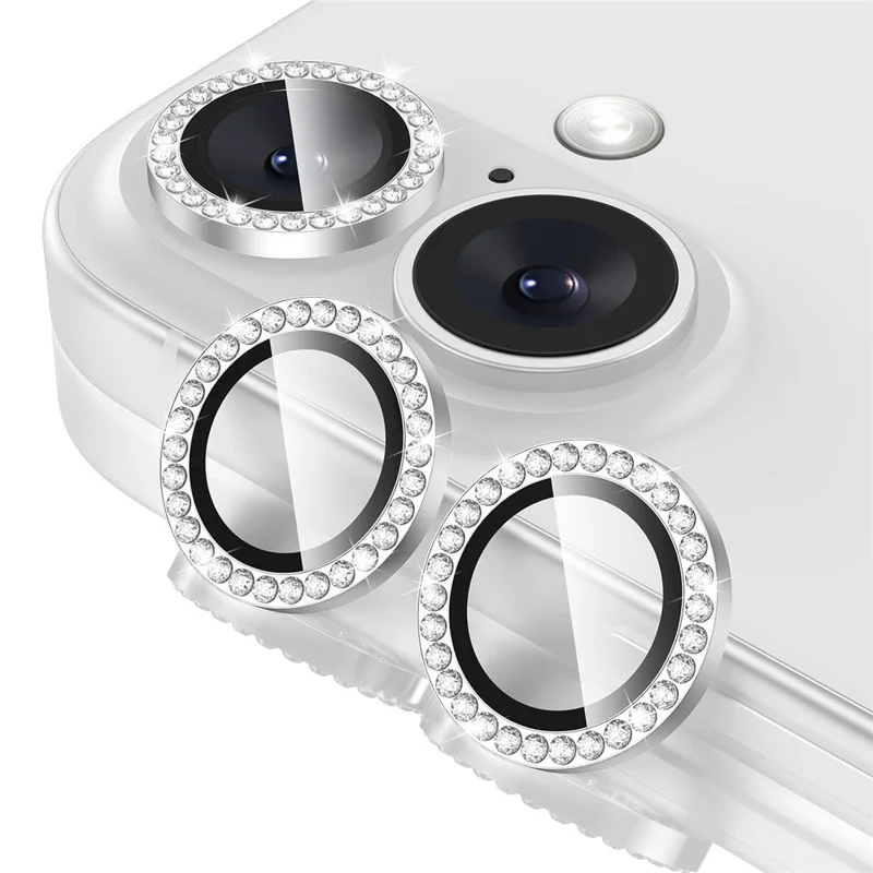 1Set For iPhone 16  /  16 Plus Camera Lens Protector Tempered Glass+Metal Ring Rhinestone Lens Film - Silver