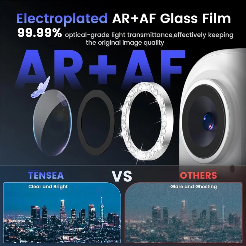1Set For iPhone 16  /  16 Plus Camera Lens Protector Tempered Glass+Metal Ring Rhinestone Lens Film - Silver