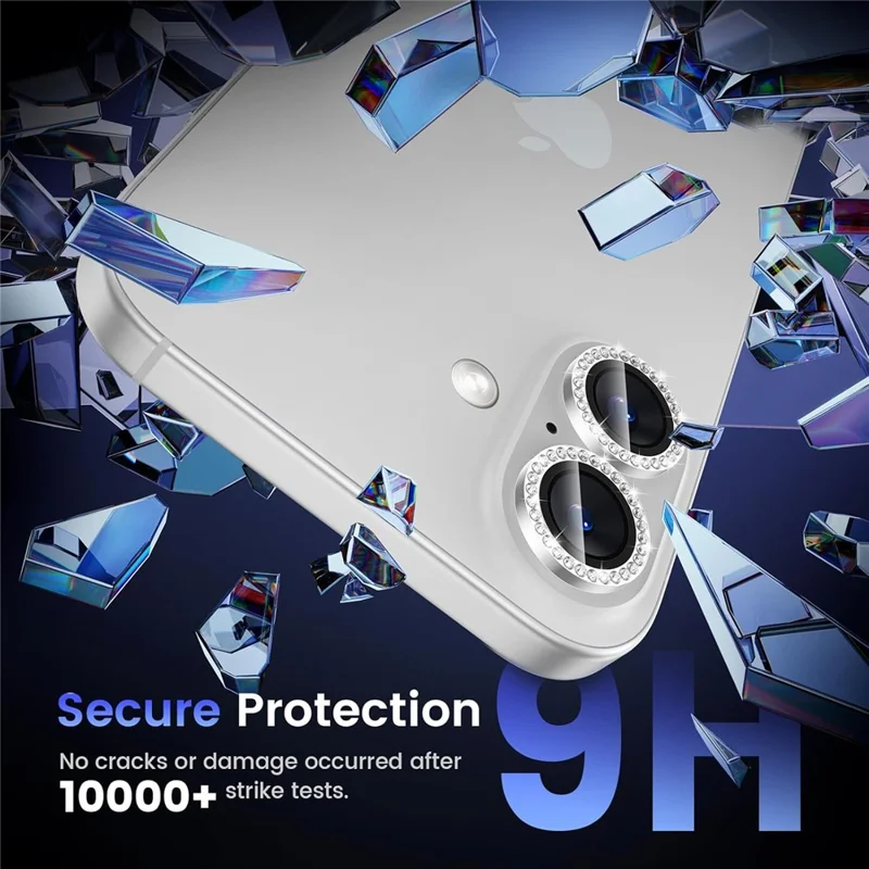1Set For iPhone 16  /  16 Plus Camera Lens Protector Tempered Glass+Metal Ring Rhinestone Lens Film - Silver