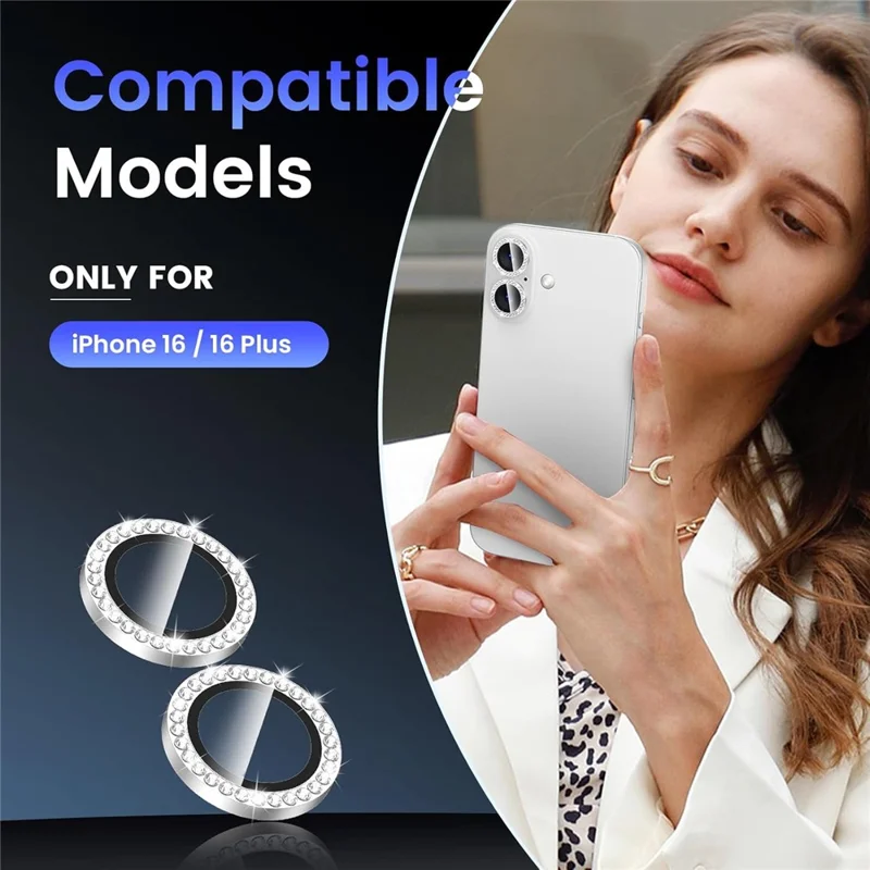 1Set For iPhone 16  /  16 Plus Camera Lens Protector Tempered Glass+Metal Ring Rhinestone Lens Film - Silver