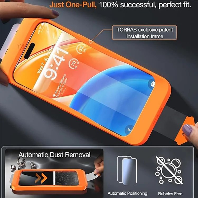 Protetor de tela de vidro temperado TORRAS Glassgo para iPhone 15/14 Pro, película HD com ferramenta de remoção automática de poeira