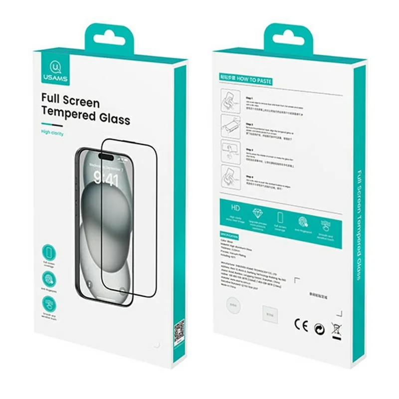 USAMS BH898 For iPhone 16 Pro Full Screen Protector 0.33mm Silk Printing Tempered Glass Film