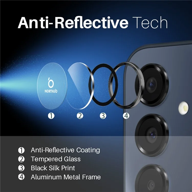 NORTHJO 1 Conjunto para Samsung Galaxy A16 5G / A16 4G Película da lente da câmera + Vidro temperado + Anel de metal Protetor de lente - Preto
