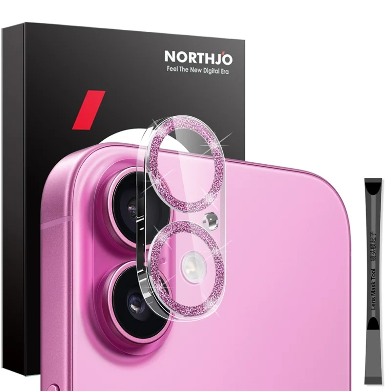 NORTHJO For iPhone 16 / 16 Plus Camera Lens Protector Glitter Bling Circles Tempered Glass HD Clear 3D Full Coverage - Pink