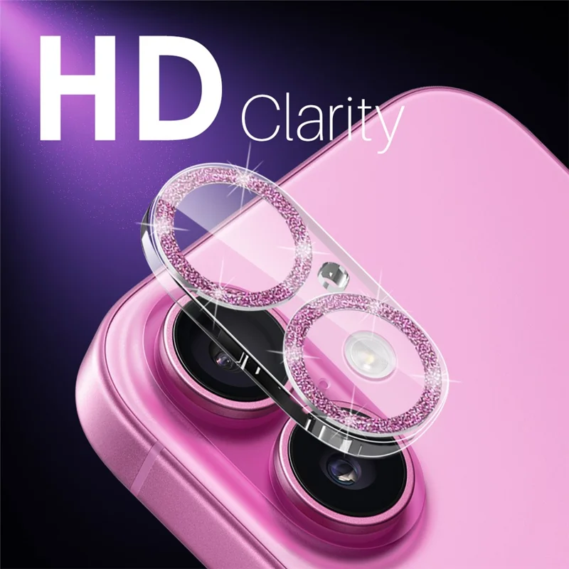 NORTHJO For iPhone 16 / 16 Plus Camera Lens Protector Glitter Bling Circles Tempered Glass HD Clear 3D Full Coverage - Pink