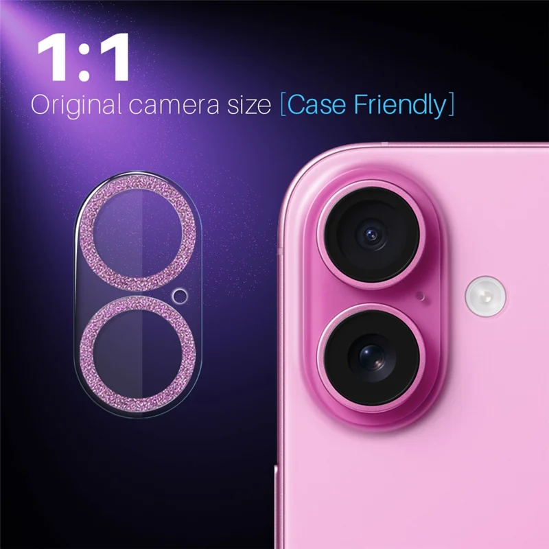 NORTHJO For iPhone 16 / 16 Plus Camera Lens Protector Glitter Bling Circles Tempered Glass HD Clear 3D Full Coverage - Pink