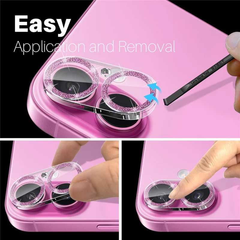 NORTHJO For iPhone 16 / 16 Plus Camera Lens Protector Glitter Bling Circles Tempered Glass HD Clear 3D Full Coverage - Pink