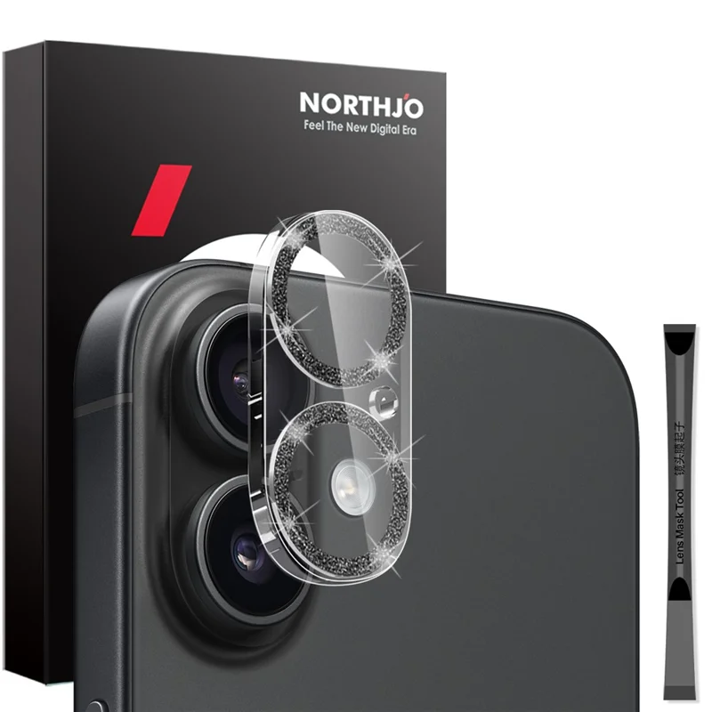 NORTHJO For iPhone 16 / 16 Plus Camera Lens Protector Glitter Bling Circles Tempered Glass HD Clear 3D Full Coverage - Black