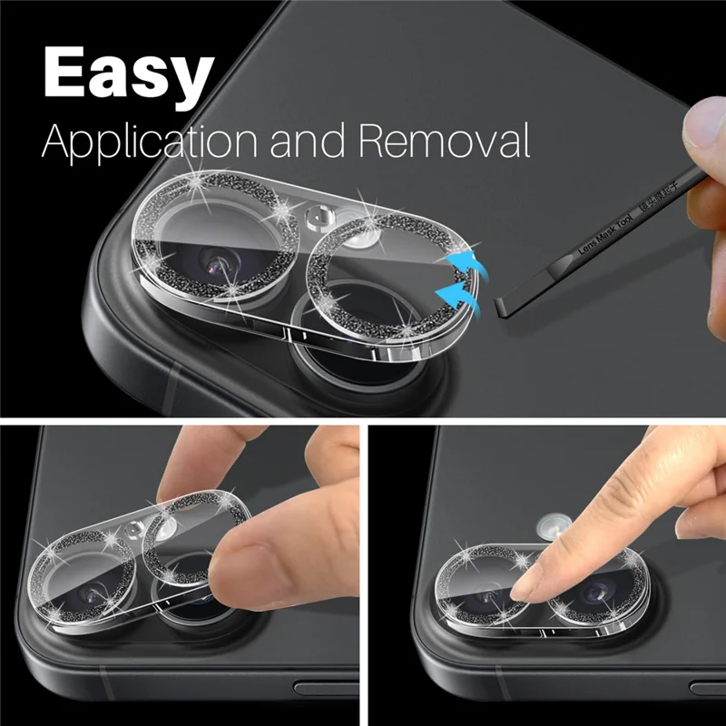 NORTHJO For iPhone 16 / 16 Plus Camera Lens Protector Glitter Bling Circles Tempered Glass HD Clear 3D Full Coverage - Black