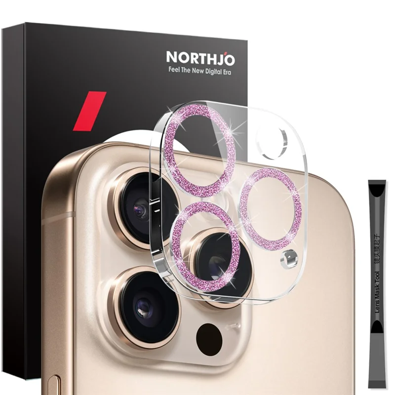 Northjo Per Iphone 16 Pro / 16 Pro Max Camera Protector Protector Glitter Bling Cerchi in Vetro Temperato HD Copertura Completa 3D Full - Rosa