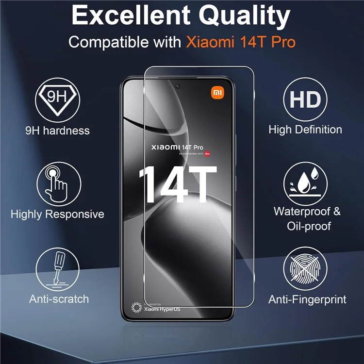 2 pièces pour protecteur d'écran Xiaomi 14T Pro 2.5D avec bords incurvés, film en verre trempé haute clarté avec film pour objectif de caméra