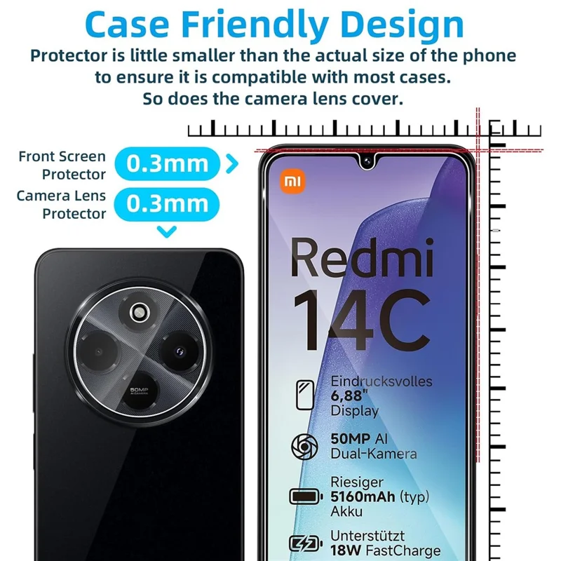 2 шт. Для Xiaomi Poco C75 4G / Redmi 14R 5G / 14C 4G Защитная пленка для экрана 2,5D дугообразный край, высокая ясность, закаленное стекло с защитной пленкой для камеры