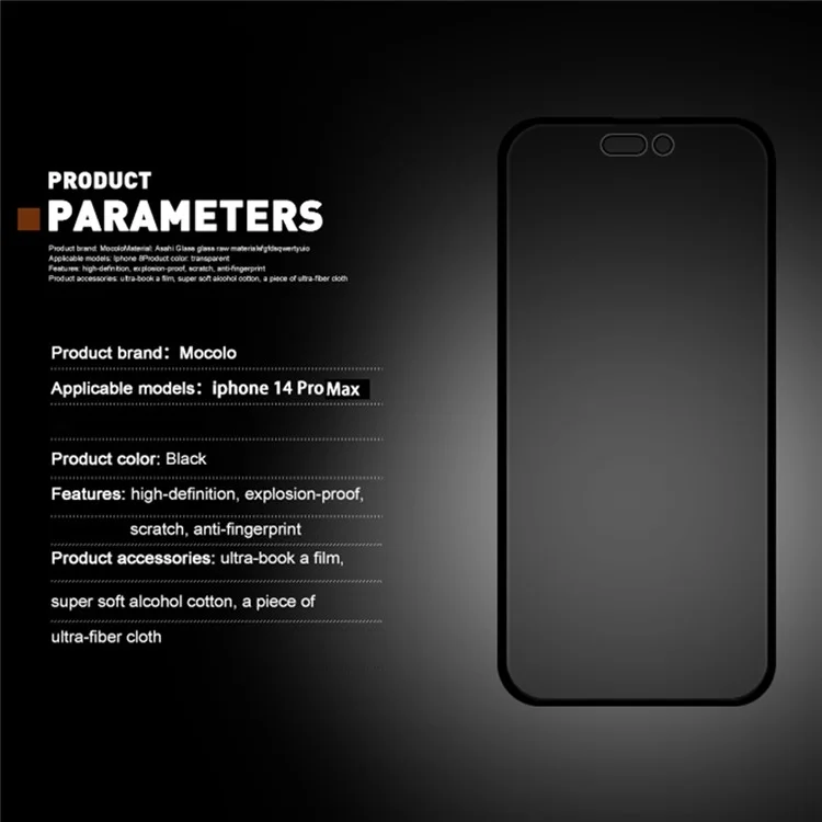 Großeinkauf MOCOLO Für iPhone 14 Pro Max Bildschirmschutz Anti-Spionage Seidendruckgehärtetes Glas-Film - Schwarz