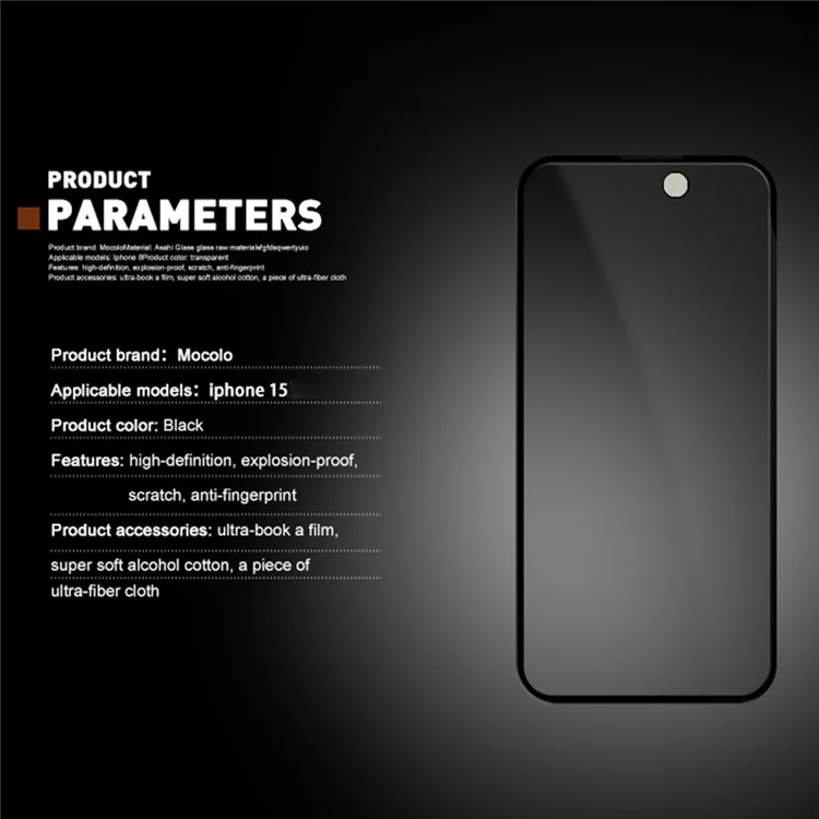 Massenware MOCOLO Displayschutzfolie für iPhone 15, Anti-Spion, Seidendruckglas, schwarz