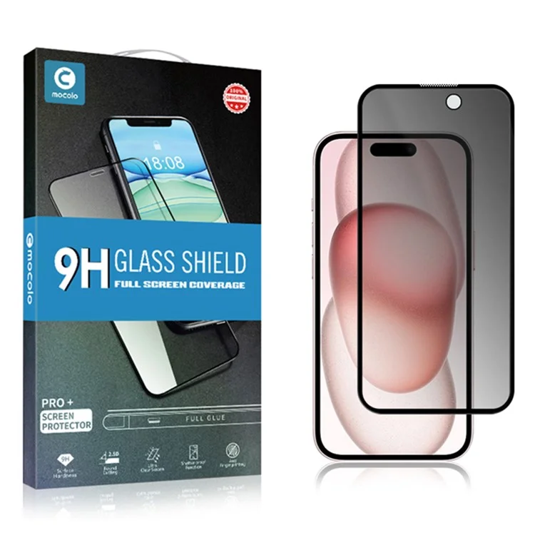 Massenware MOCOLO Displayschutzfolie für iPhone 15, Anti-Spion, Seidendruckglas, schwarz