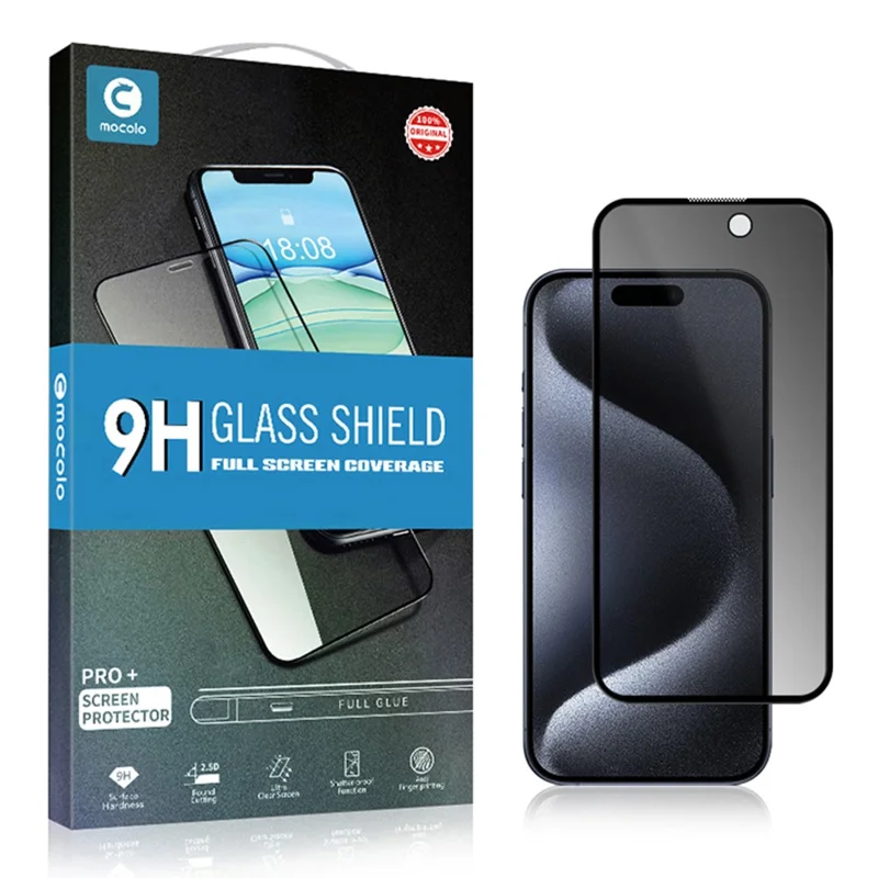 Compre em grande quantidade MOCOLO para iPhone 15 Pro Protetor de tela Anti Spy Silk Printing Película de vidro temperado - Preto