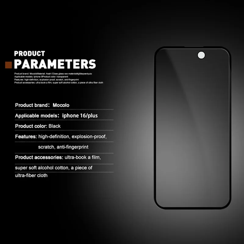 Bulk Buy MOCOLO For iPhone 16 Plus Screen Protector Anti Spy Silk Printing Tempered Glass Film - Black

Массовая закупка MOCOLO для iPhone 16 Plus Защитная пленка для экрана Антишпионская шелковая печать Закаленное стекло - Черный
