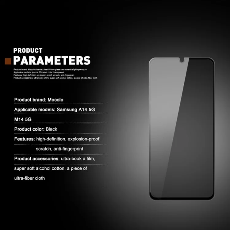 Compre em quantidade MOCOLO para Samsung Galaxy A14 5G / M14 5G Protetor de tela Anti Spy Silk Printing Película de vidro temperado - Preto