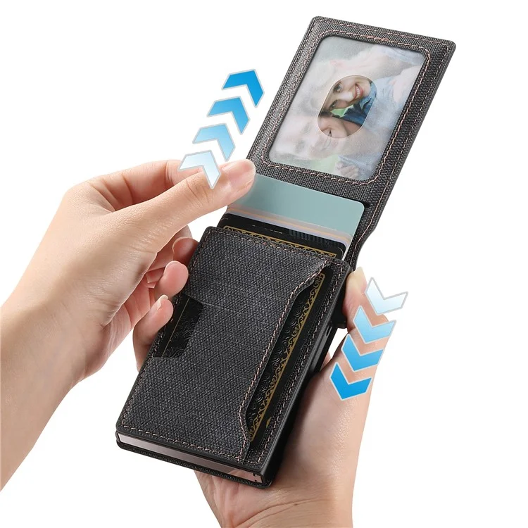 SUTENI Denim Texture PU Leather Card Case Auto Pop Up Card Holder - Black
