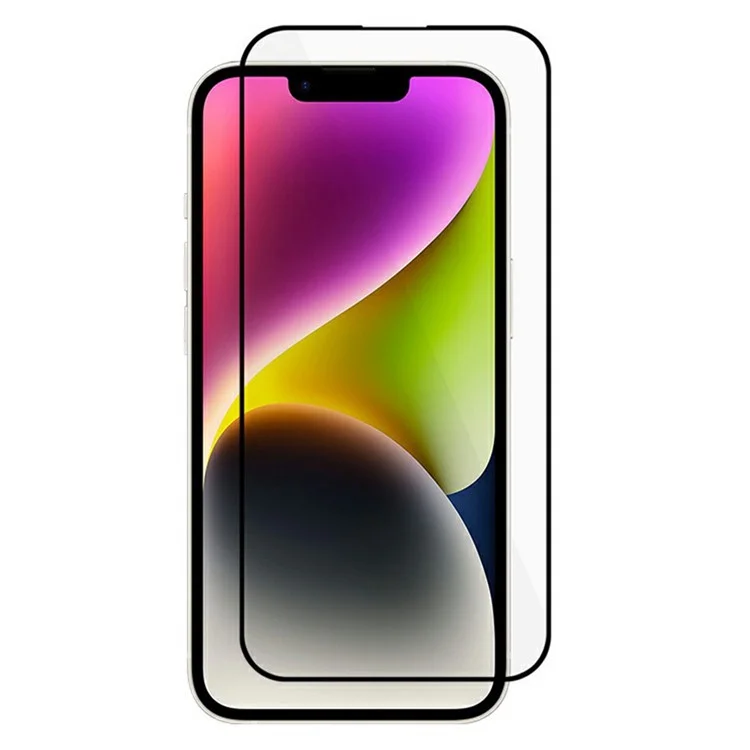 Confezione in blocco per protezione dello schermo iPhone 14, pellicola in vetro di alluminio-silicio ad arco nero con stampa in seta anti-statica.