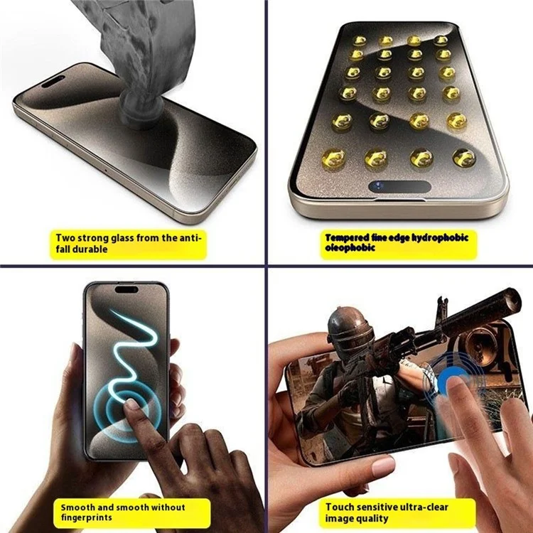Protector de pantalla ESHMILY 2.5D para iPhone 16 / 15 / 14 Pro, película de impresión de seda de vidrio de silicio de aluminio de alta calidad con herramienta de instalación fácil