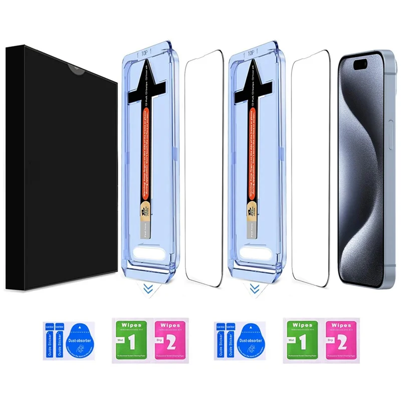 2 Sets For iPhone 15 Pro Tempered Glass HD Clear Screen Protector with Automatic Dust Removal Tool