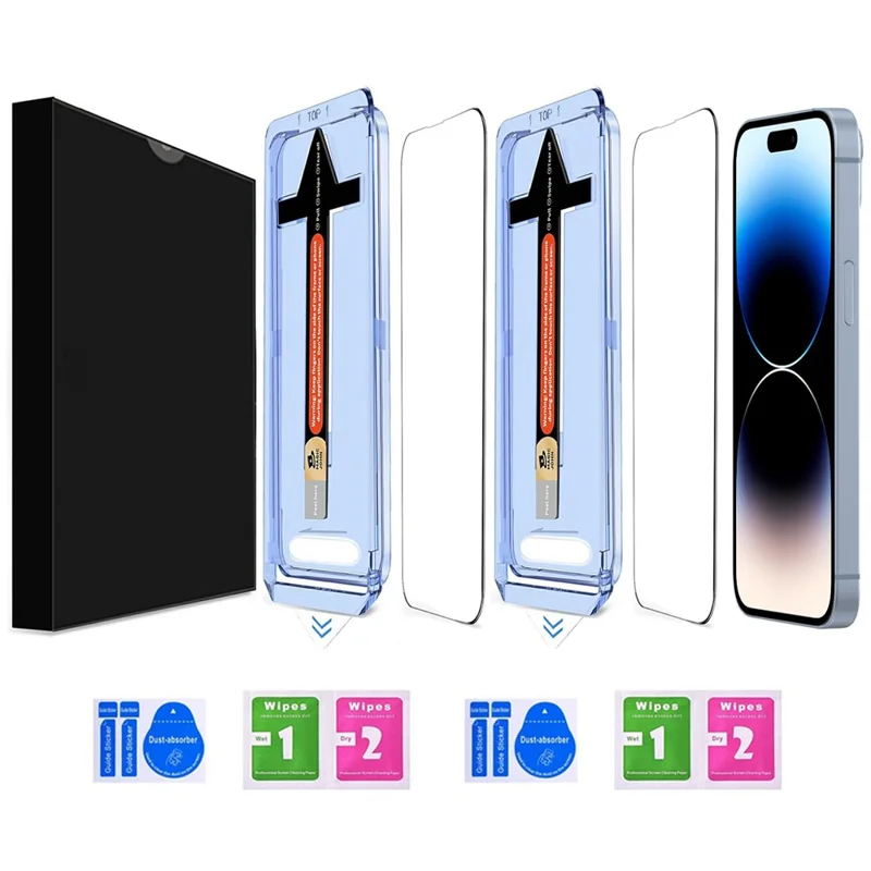 2 Sets For iPhone 14 Pro Max Tempered Glass HD Clear Screen Protector with Automatic Dust Removal Tool