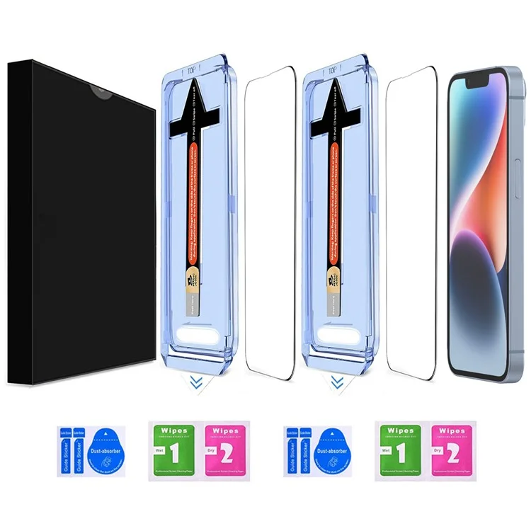2 набора закаленного стекла HD Clear Screen Protector с инструментом для автоматического удаления пыли для iPhone 14 Plus / 13 Pro Max