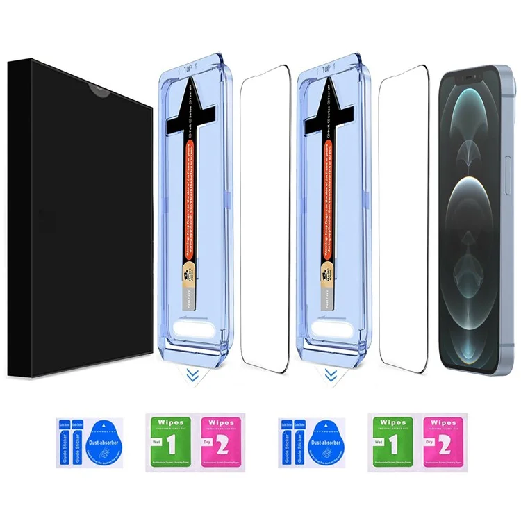 2 jeux de protecteurs d'écran en verre trempé HD transparent pour iPhone 12 Pro Max avec un outil de retrait automatique de la poussière