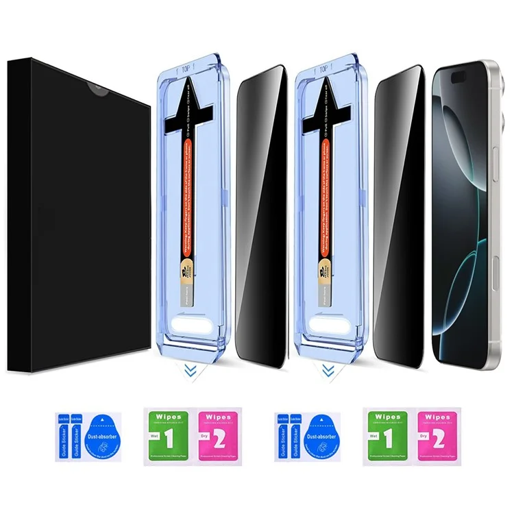 2 set per iPhone 16 Pro Max Protezione schermo in vetro temperato anti-spia con strumento di rimozione automatica della polvere