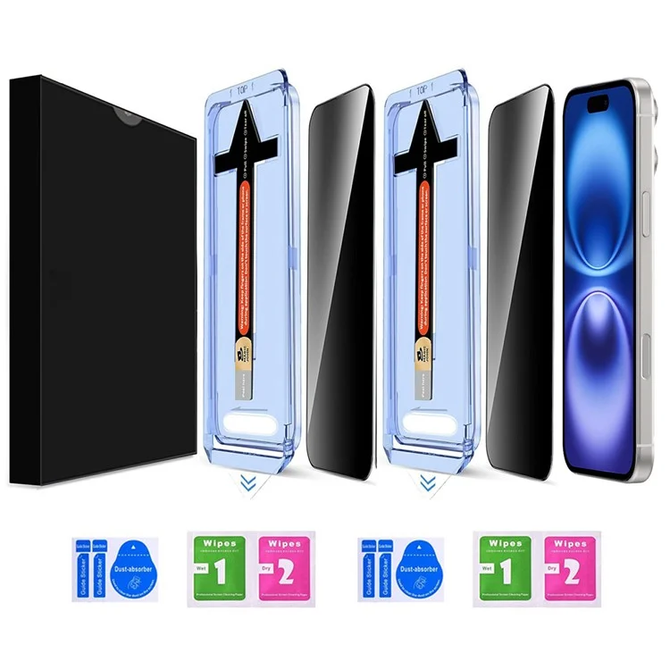 2 Conjuntos para iPhone 16/15 Protetor de Tela de Vidro Temperado Anti Spy com Ferramenta Automática de Remoção de Poeira