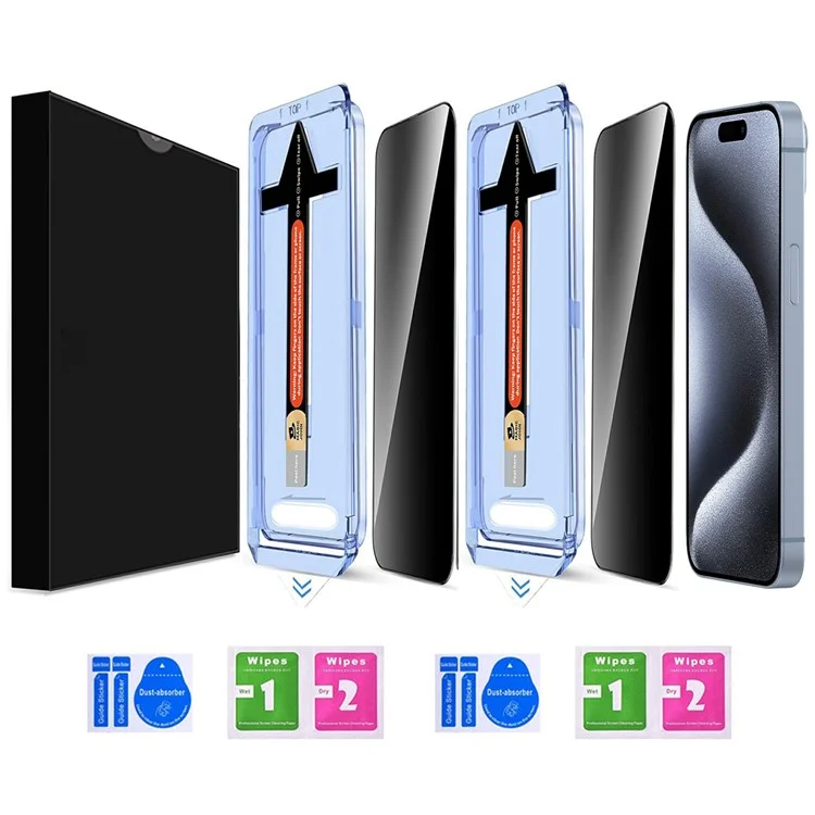 2 Sets For iPhone 15 Pro Anti Spy Tempered Glass Screen Protector with Automatic Dust Removal Tool