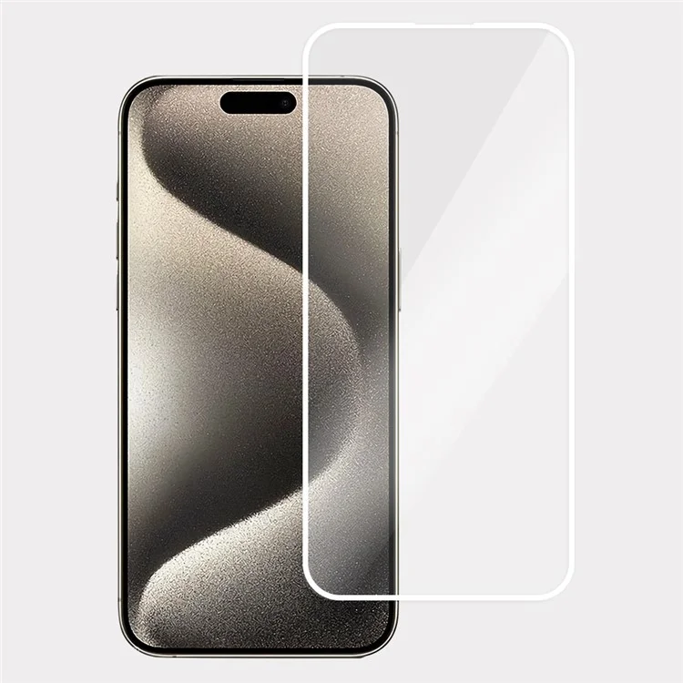 Protecteur d'écran pour iPhone 15 Pro Max, full glue, bords blancs électroplaqués en aluminium de haute qualité, film en verre de silicone.