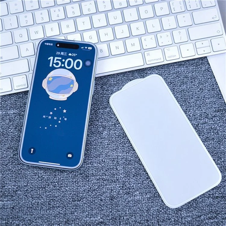 Protecteur d'écran pour iPhone 14 Pro Max, film en verre silicone à bordure blanche métallisée et haute en aluminium avec colle intégrale