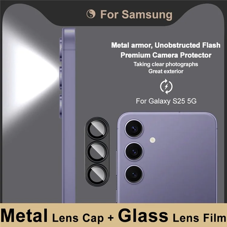 IMAK pour Samsung Galaxy S25 Film d'objectif de caméra Capuchon d'objectif en métal + Protecteur d'objectif en verre trempé - Noir
