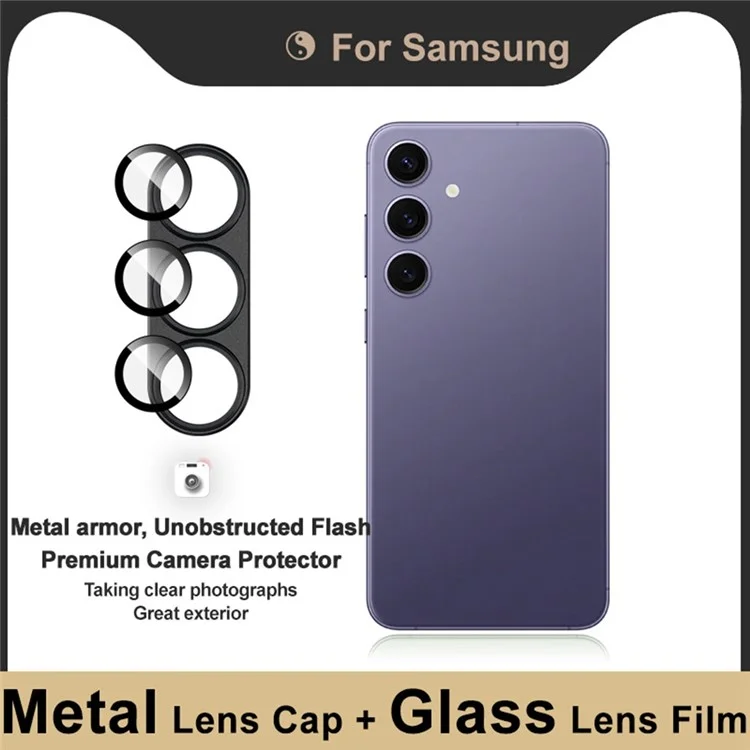 IMAK pour Samsung Galaxy S25 Film d'objectif de caméra Capuchon d'objectif en métal + Protecteur d'objectif en verre trempé - Noir
