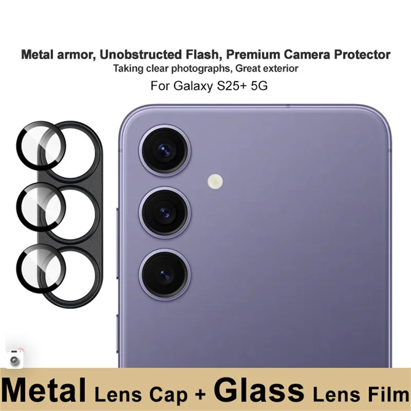Film protecteur d'objectif en métal avec protecteur d'écran en verre trempé pour Samsung Galaxy S25+ - Noir