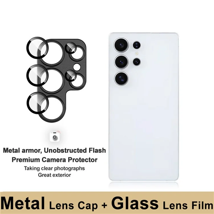 IMAK pour Samsung Galaxy S25 Ultra Film de lentille métallique Capuchon de lentille + Protecteur d'écran en verre trempé pour lentille - Noir
