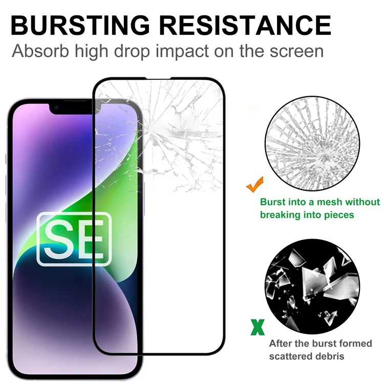 Protecteur d'écran en verre AGC pour iPhone SE (2024) avec bordure noire collée sur tout le pourtour.