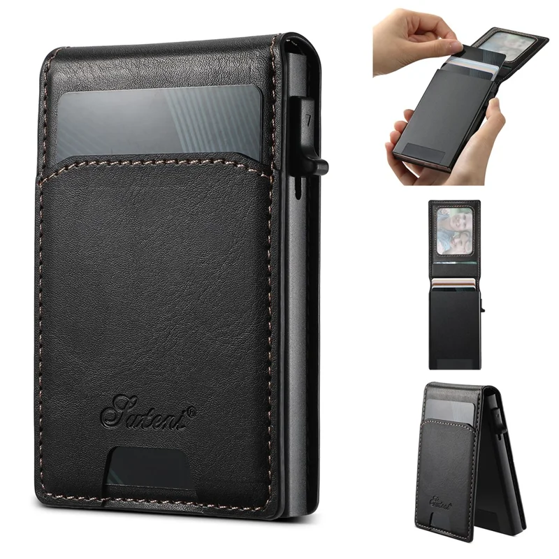 SUTENI Magnetic Card Holder Large Capacity Waxed Texture Leather 8 Card Slots Case - Black