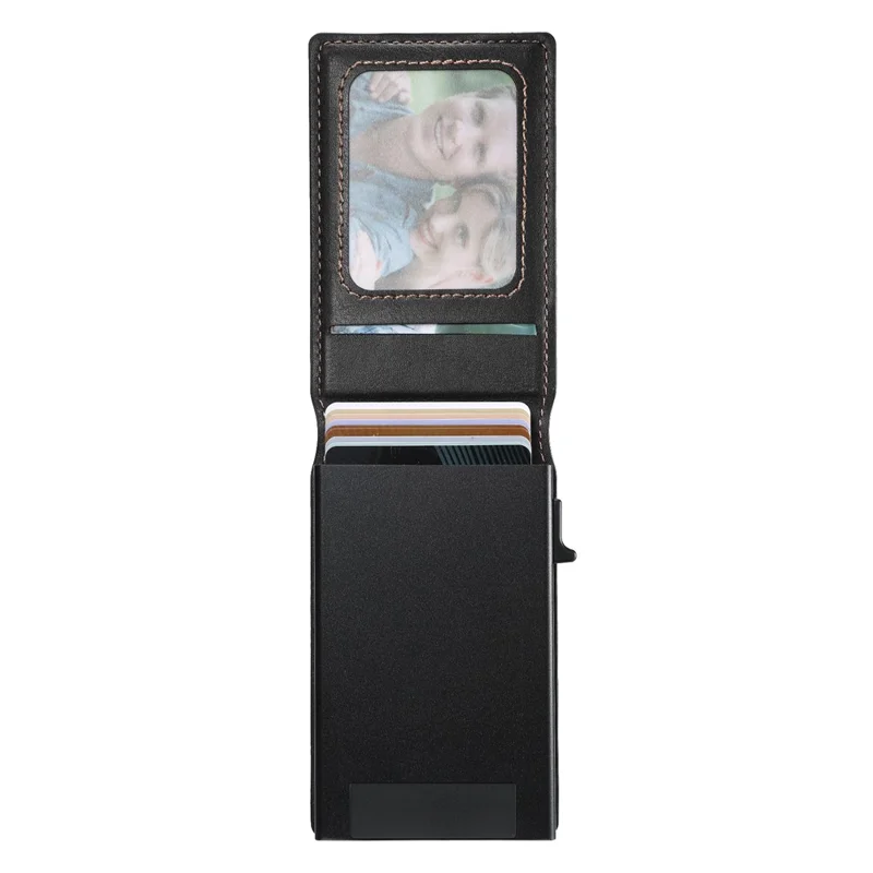 SUTENI Magnetic Card Holder Large Capacity Waxed Texture Leather 8 Card Slots Case - Black