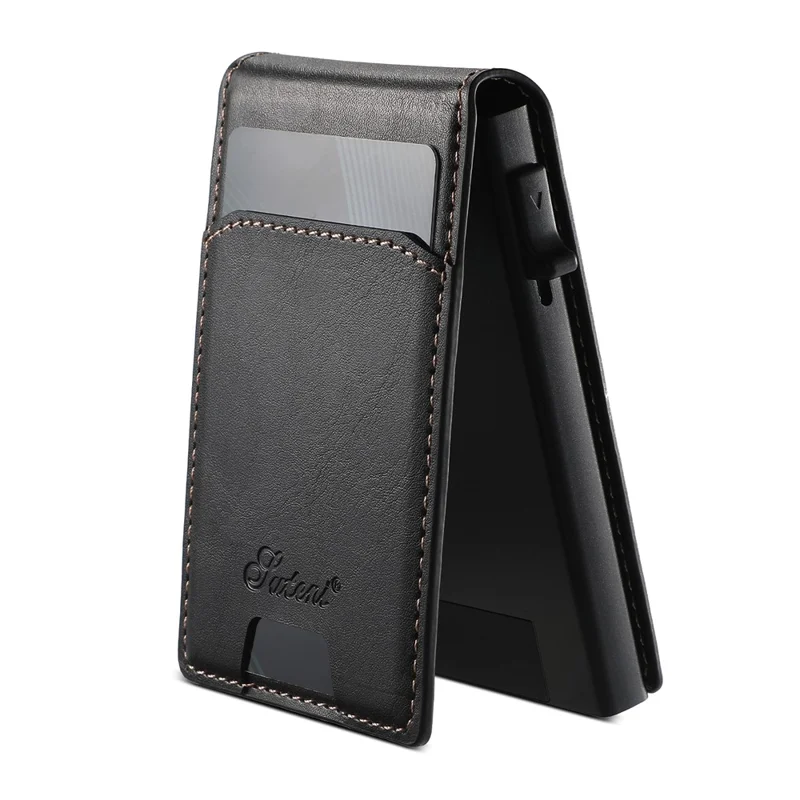 SUTENI Magnetic Card Holder Large Capacity Waxed Texture Leather 8 Card Slots Case - Black